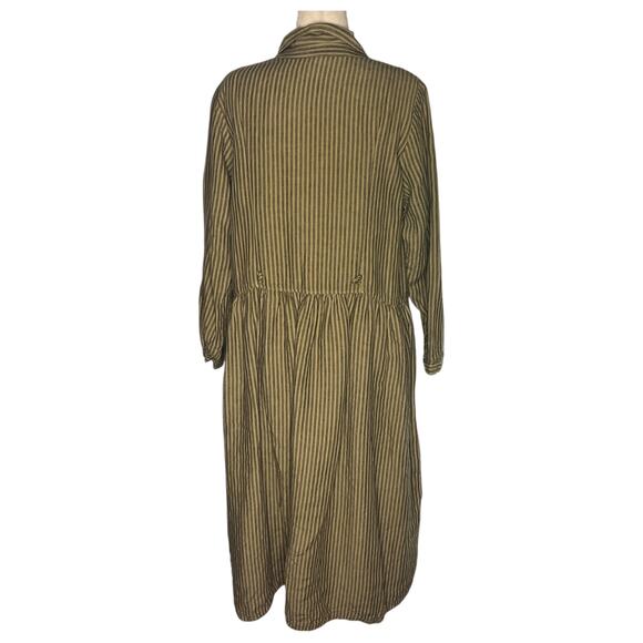 Homefrocks Womens Dress Sz L Olive Brown Stripe Luxe Artisan Linen Made in USA - Picture 2 of 12